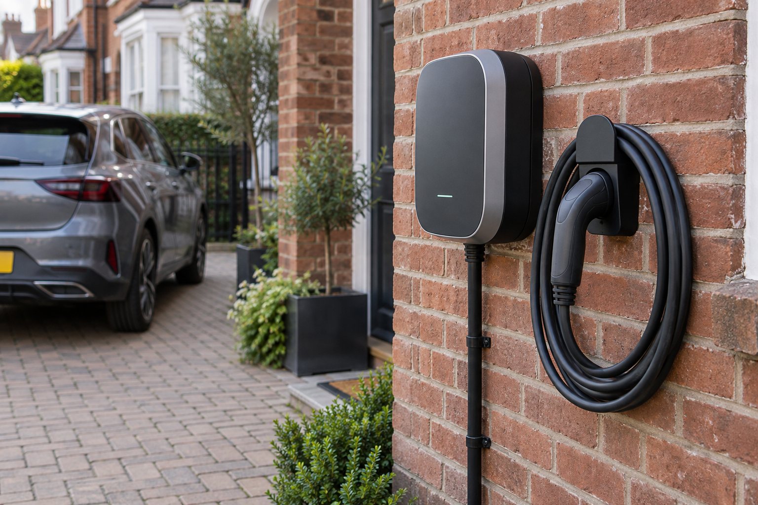 Domestic wall chargepoint with a charging cable coiled on its holder beside a driveway