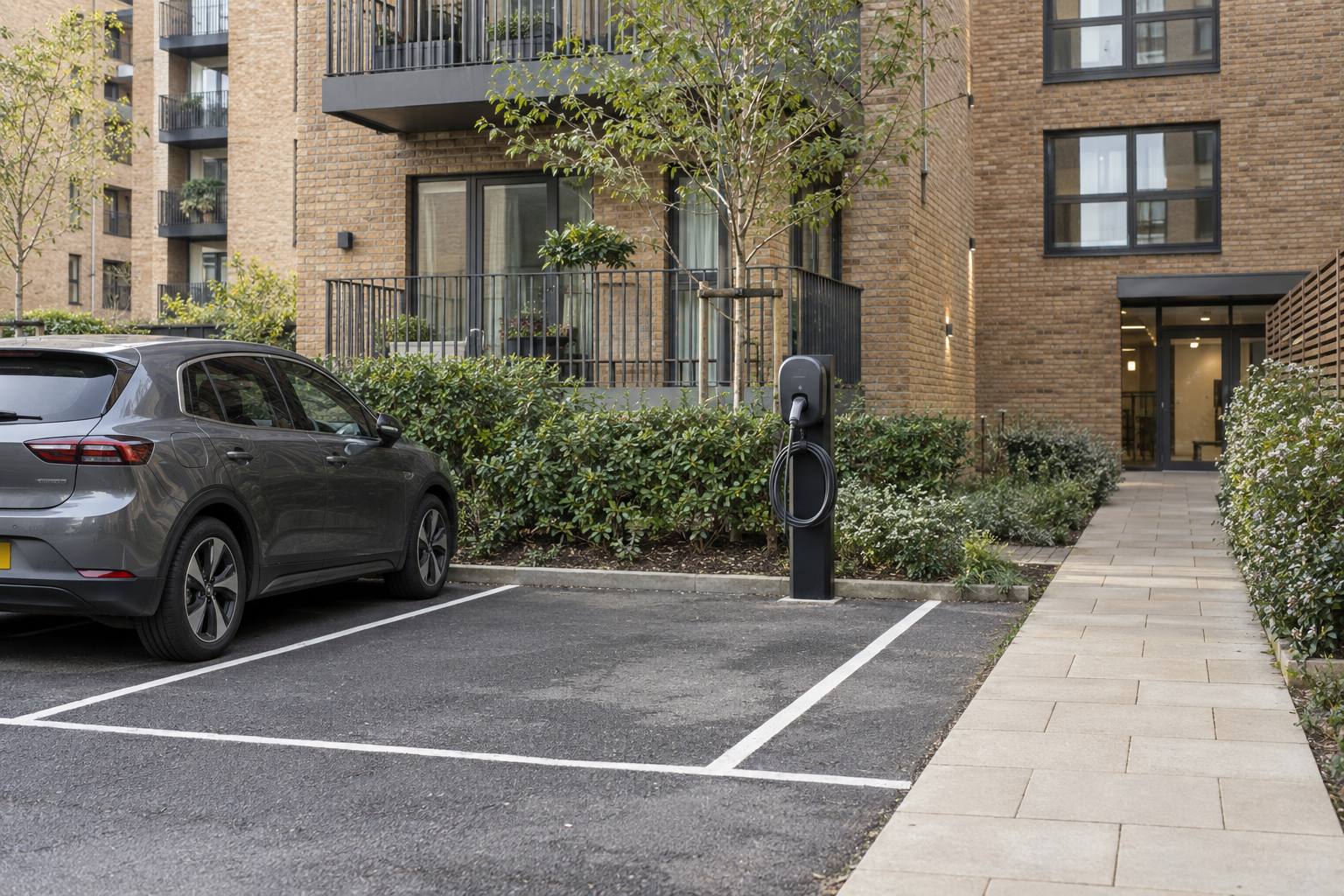 Pedestal chargepoint beside a marked parking bay in an apartment courtyard