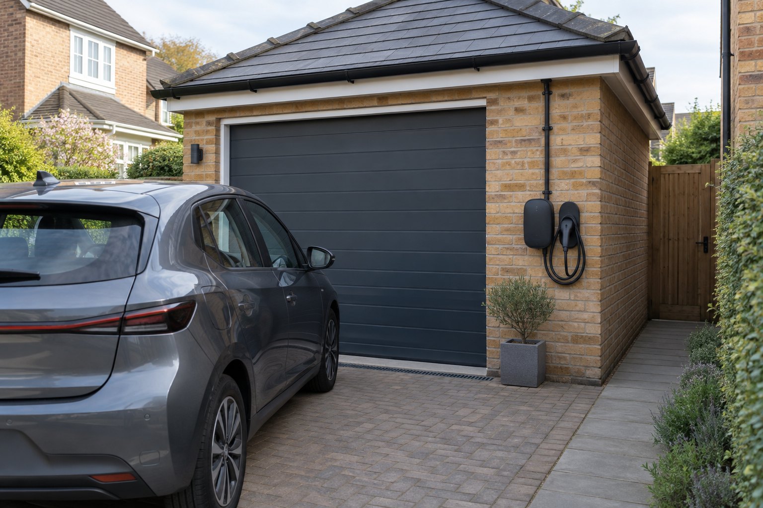 Wall chargepoint and stored charging lead beside a private garage
