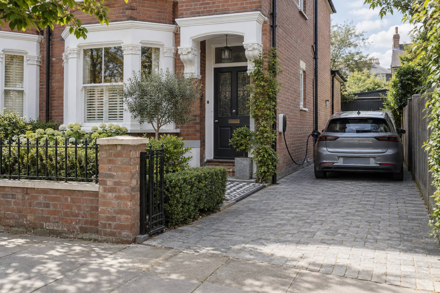 Electric car connected to a wall chargepoint on a private driveway beside a brick house