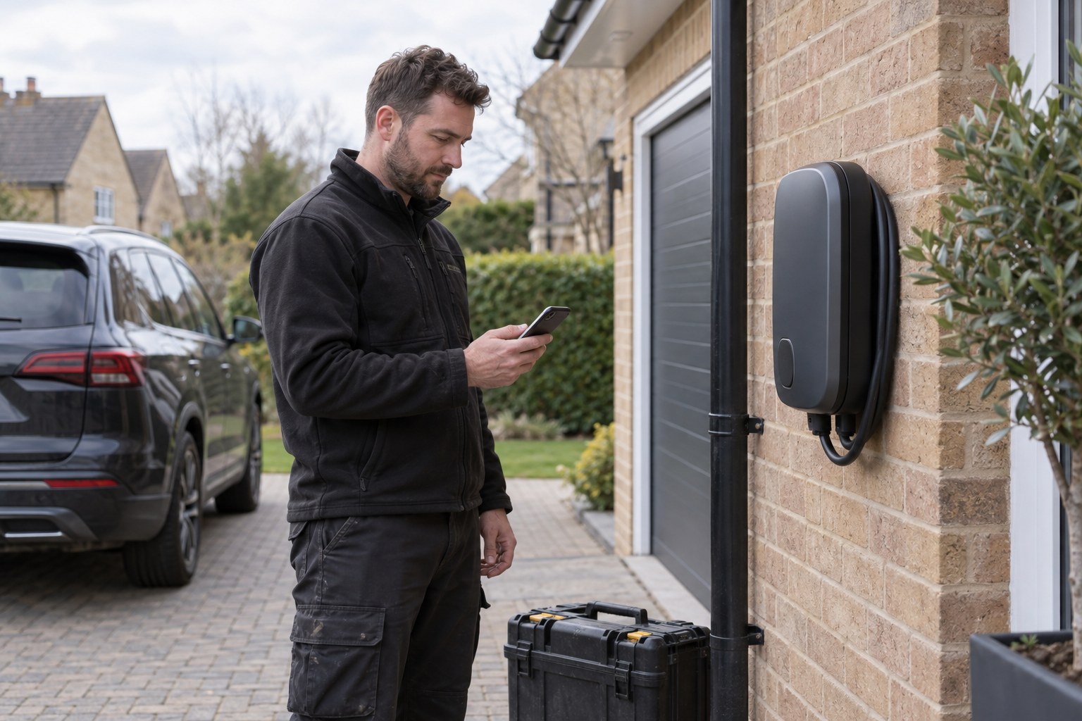 Electrician checking a mobile phone beside a closed chargepoint and equipment case