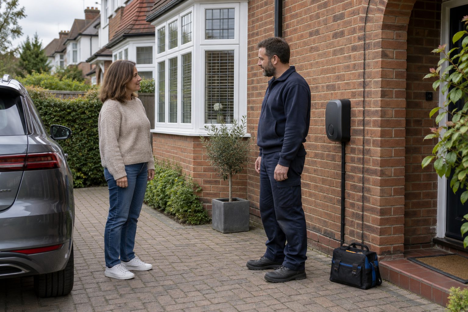 Homeowner and electrician discussing a wall charger beside a London driveway