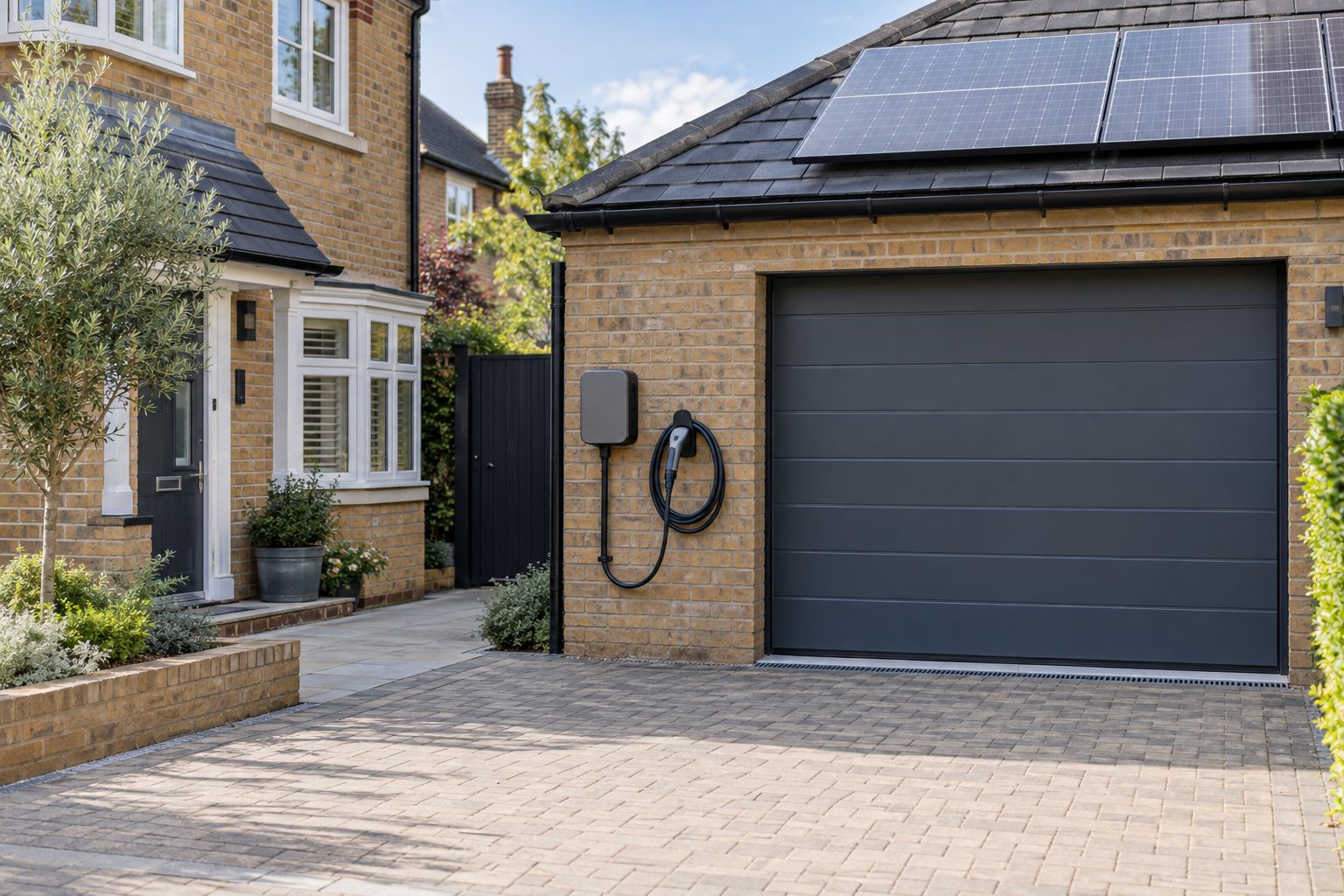 Wall chargepoint with a stored lead beside a garage with rooftop solar panels