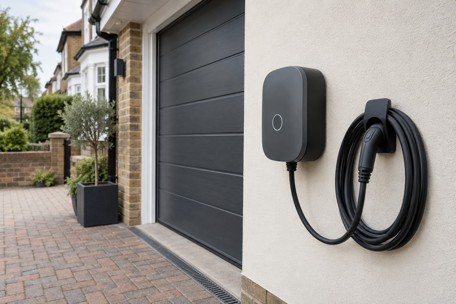 Tethered chargepoint with its attached cable looped on a separate wall holder